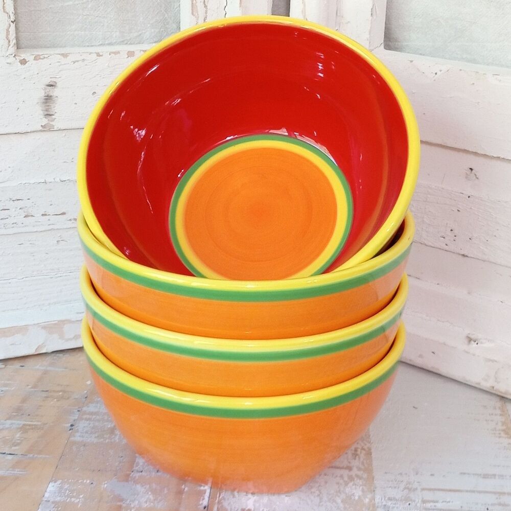 Dansk Caribe Aruba Orange 6” Soup Cereal Bowls Red Green Yellow Set of 4 Vintage
